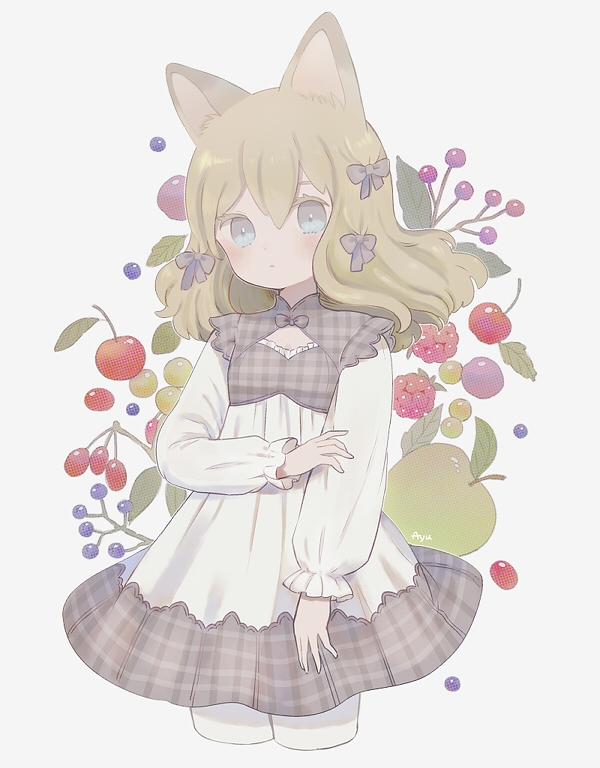 1girl animal_ears apple ayu_(mog) blonde_hair blue_bow blue_eyes blush bow cherry closed_mouth cowboy_shot cropped_legs dress english_commentary food fruit fruit_background grapes green_apple hair_bow long_sleeves looking_at_viewer medium_hair mixed-language_commentary original pantyhose solo standing white_background white_legwear