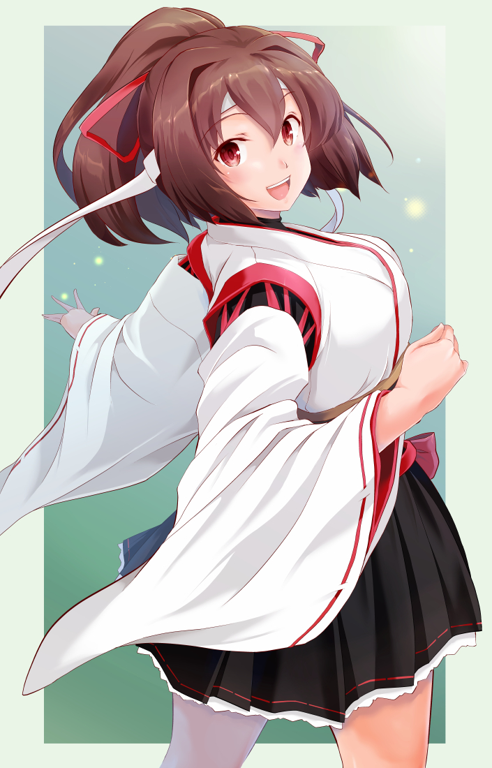 1girl black_shirt black_skirt blush breasts brown_eyes brown_hair eyebrows_visible_through_hair gradient gradient_background greyscale hair_between_eyes hair_ornament hair_ribbon headband ise_(kantai_collection) japanese_clothes kantai_collection kimono large_breasts long_hair long_sleeves looking_at_viewer map_(blue_catty) monochrome nontraditional_miko open_mouth ponytail remodel_(kantai_collection) ribbon shirt short_hair skirt smile solo teeth tongue white_headband white_kimono wide_sleeves