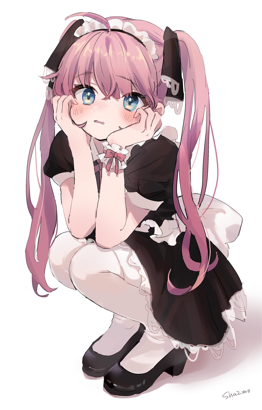 1girl ahoge apron bangs black_dress black_footwear black_ribbon blush collared_dress dress eyebrows_visible_through_hair frilled_apron frills hair_between_eyes hair_ribbon high_heels highres long_hair looking_at_viewer maid maid_headdress original parted_lips pink_hair puffy_short_sleeves puffy_sleeves ribbon sha2mo shadow shoes short_sleeves signature solo squatting thigh-highs twintails very_long_hair white_apron white_background white_legwear wrist_cuffs