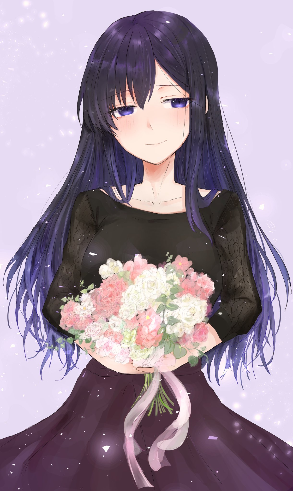 1girl alice_gear_aegis black_hair black_shirt bouquet closed_mouth commentary_request eyebrows_visible_through_hair flower highres holding holding_flower kagome_misaki mole petals purple_skirt shirt sikisikisikibu skirt smile violet_eyes