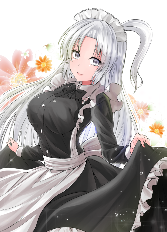 1girl alternate_costume apron bangs black_bow black_dress black_neckwear blush bow bowtie breasts closed_mouth dress enmaided eyebrows_visible_through_hair floral_background flower frilled_apron frilled_dress frills grey_eyes large_breasts lips long_hair long_sleeves maid maid_headdress one_side_up shinki side_ponytail silver_hair smile solo touhou touhou_(pc-98) waist_apron white_apron white_background y2