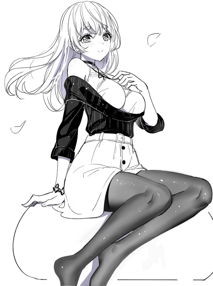 1girl arm_support bangs bare_shoulders blush breasts closed_mouth commentary_request eyebrows_visible_through_hair floating_hair greyscale hair_between_eyes hand_up large_breasts long_hair long_sleeves monochrome no_shoes off-shoulder_sweater off_shoulder original pantyhose petals ririko_(zhuoyandesailaer) saegusa_futaba shirt simple_background sitting skirt sleeveless sleeveless_shirt smile solo sweater thick_eyebrows white_background