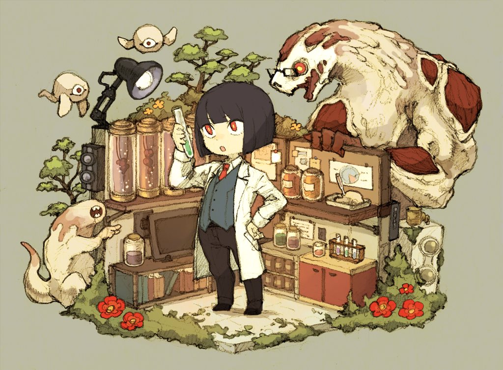 1girl alchemy black-framed_eyewear black_hair bob_cut book cabinet coat flower flying glasses hairband hand_on_hip hatching_(texture) holding jar labcoat laboratory liquid maniani monster moss necktie one-eyed open_mouth original pointing red_eyes red_flower red_neckwear short_hair standing tail teeth tree vial yellow_flower