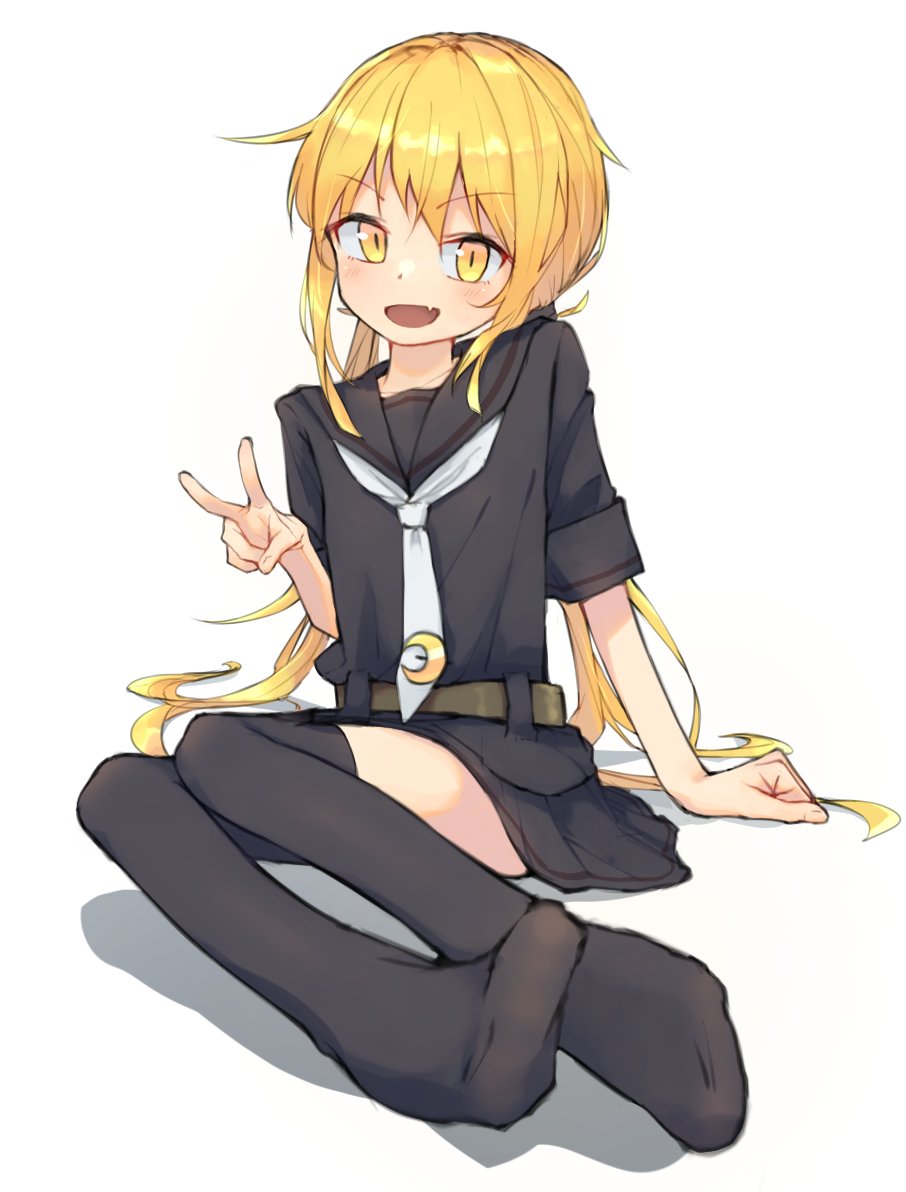 1girl bangs black_legwear black_sailor_collar black_serafuku black_skirt blonde_hair blush crescent eyebrows_visible_through_hair full_body kantai_collection long_hair low_twintails makkusu_(max_101010) open_mouth pleated_skirt sailor_collar satsuki_(kantai_collection) school_uniform serafuku shadow short_sleeves simple_background sitting skirt solo thigh-highs twintails v white_background white_neckwear yellow_eyes