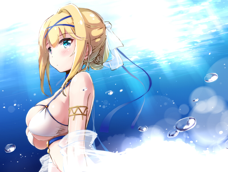 1girl air_bubble azur_lane bangs bare_shoulders blonde_hair blue_eyes blush breasts bubble closed_mouth dress eyebrows_visible_through_hair from_side hair_bun jeanne_d'arc_(azur_lane) large_breasts light_rays looking_at_viewer looking_to_the_side nitchi see-through shawl short_hair sidelocks skindentation sleeveless sleeveless_dress solo sunbeam sunlight under_boob underboob_cutout underwater upper_body veil white_dress