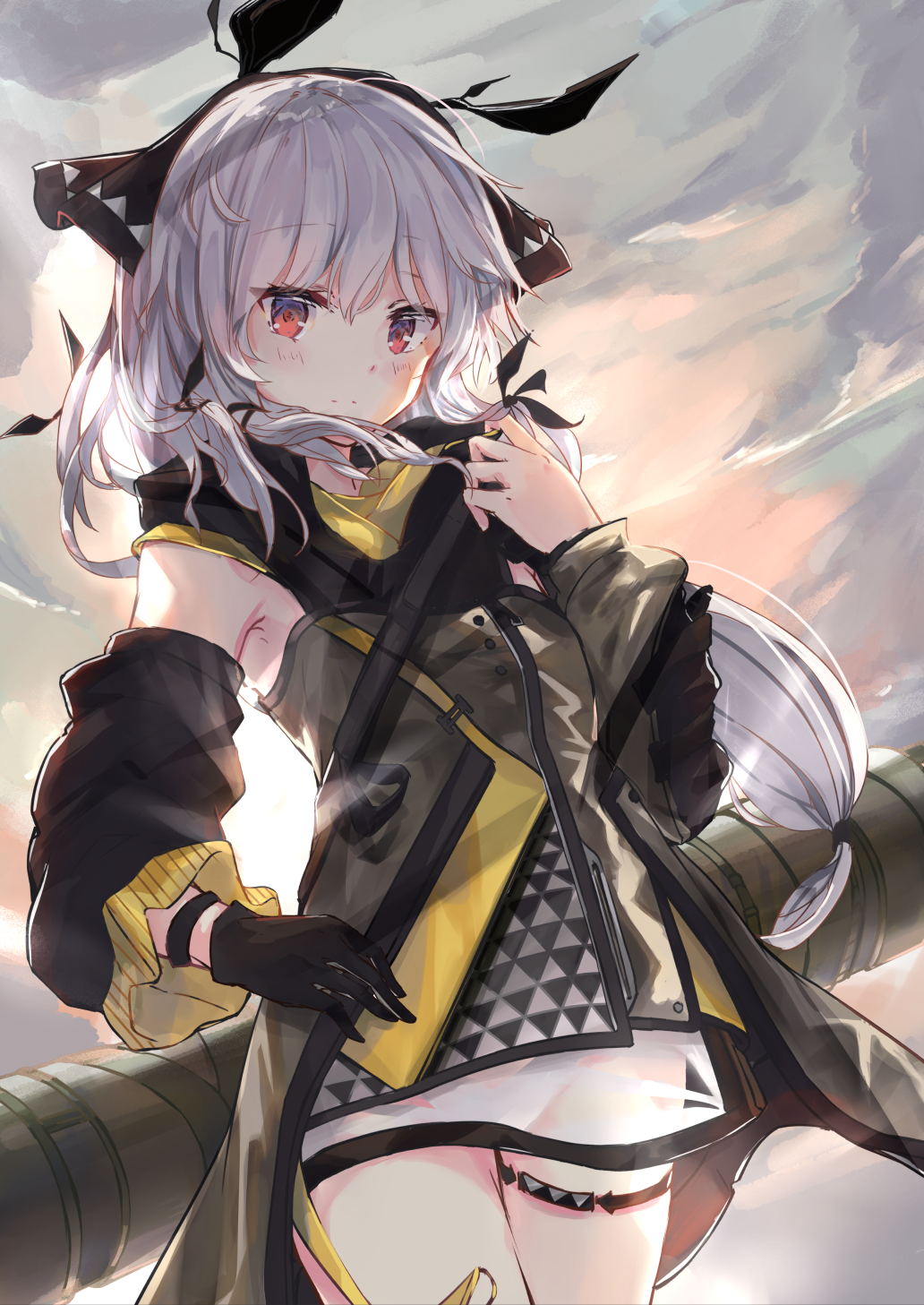 1girl arknights armpit_crease backlighting bare_shoulders black_gloves cannon cowboy_shot detached_sleeves dress flat_chest gloves grey_dress hairband highres long_hair long_sleeves looking_at_viewer low-tied_long_hair red_eyes shinsoyori short_dress silver_hair solo strap sunlight thigh_strap weedy_(arknights) wristband