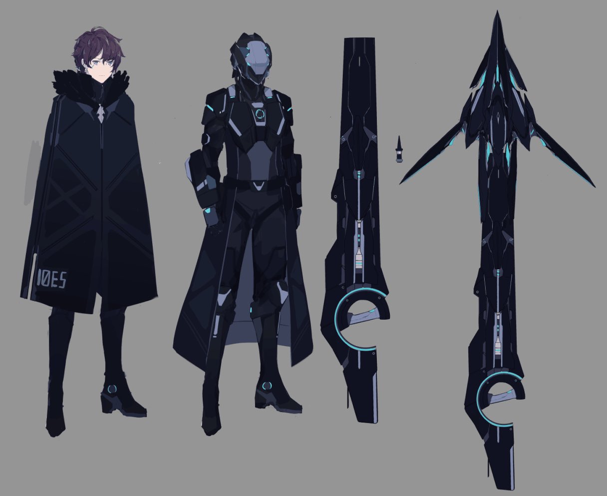 1boy black_cloak brown_hair character_sheet clenched_hands cloak closed_mouth green_eyes grey_background gun headwear_removed helmet helmet_removed jhcrow3 original simple_background solo standing weapon