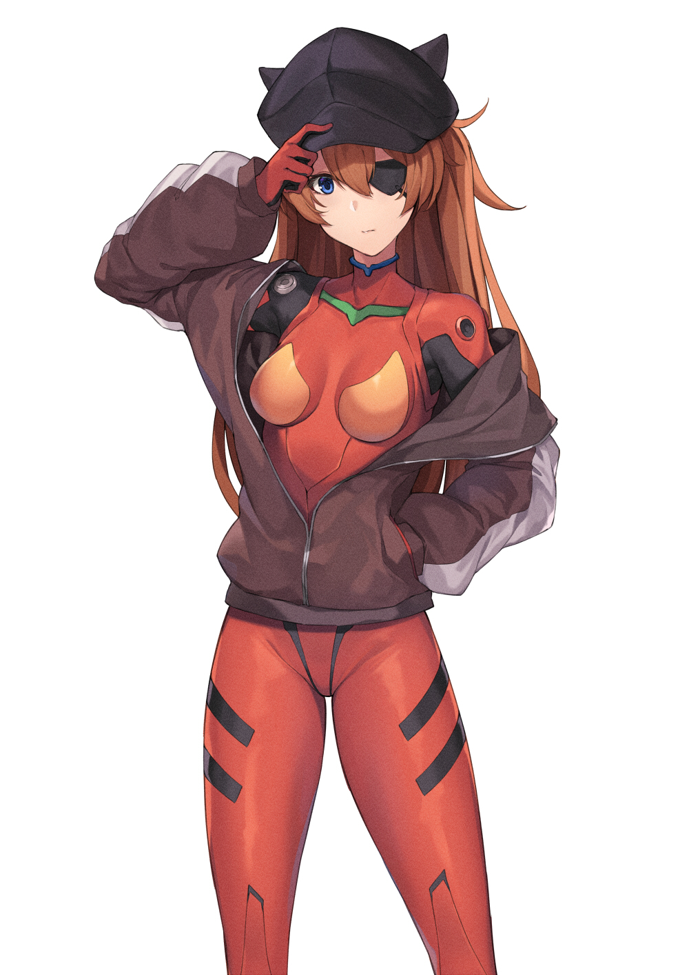 1girl animal_hat arm_up black_headwear blue_eyes bodysuit breasts brown_hair closed_mouth evangelion:_3.0_you_can_(not)_redo feet_out_of_frame gloves hand_in_pocket hand_on_headwear hat highres jacket long_hair long_sleeves looking_at_viewer medium_breasts neon_genesis_evangelion off_shoulder open_clothes open_jacket pak_ce partially_unzipped plugsuit rebuild_of_evangelion red_bodysuit red_gloves revision shikinami_asuka_langley solo souryuu_asuka_langley standing track_jacket two_side_up