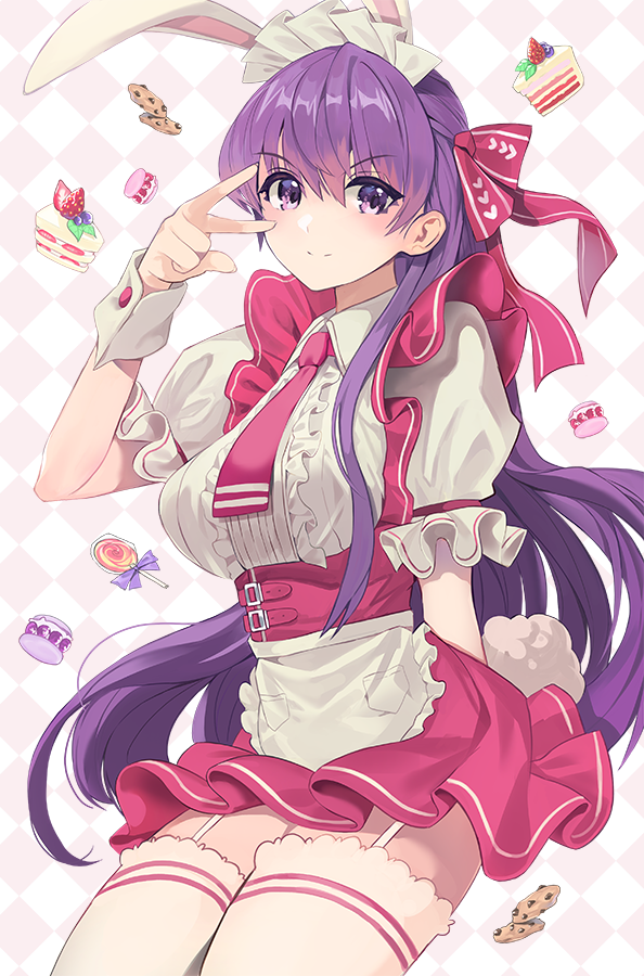 1girl alternate_costume animal_ears apron bangs bb_(fate)_(all) bb_(fate/extra_ccc) blush breasts cake checkered checkered_background closed_mouth cookie damda dress fate/extra fate/extra_ccc fate_(series) food hair_ribbon large_breasts long_hair looking_at_viewer macaron maid_headdress necktie pink_skirt puffy_short_sleeves puffy_sleeves purple_hair rabbit_ears ribbon short_sleeves skirt smile thigh-highs thighs very_long_hair violet_eyes w waist_apron white_dress white_legwear wrist_cuffs