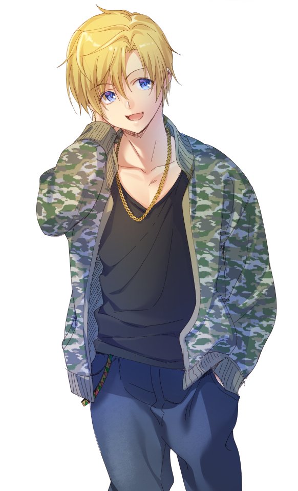 1boy alternate_costume black_shirt blonde_hair blue_eyes blue_pants camouflage clannad commentary_request cowboy_shot denim hand_in_pocket jacket jeans jewelry male_focus necklace pants satomi_yoshitaka shirt simple_background solo standing sunohara_youhei white_background