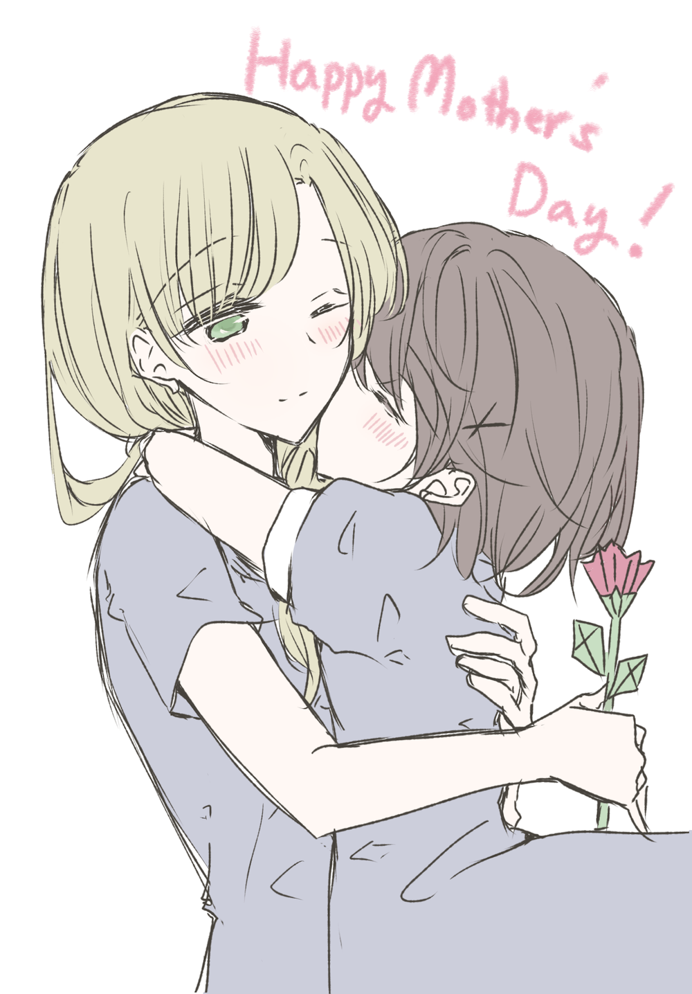 1_x_1/2 2girls 66ta1yak1 blonde_hair blush brown_hair commentary_request dress english_text eyebrows_visible_through_hair flower green_eyes highres holding holding_flower hug kiss long_hair morii_asuka morii_ayako mother's_day mother_and_daughter multiple_girls one_eye_closed simple_background smile white_background