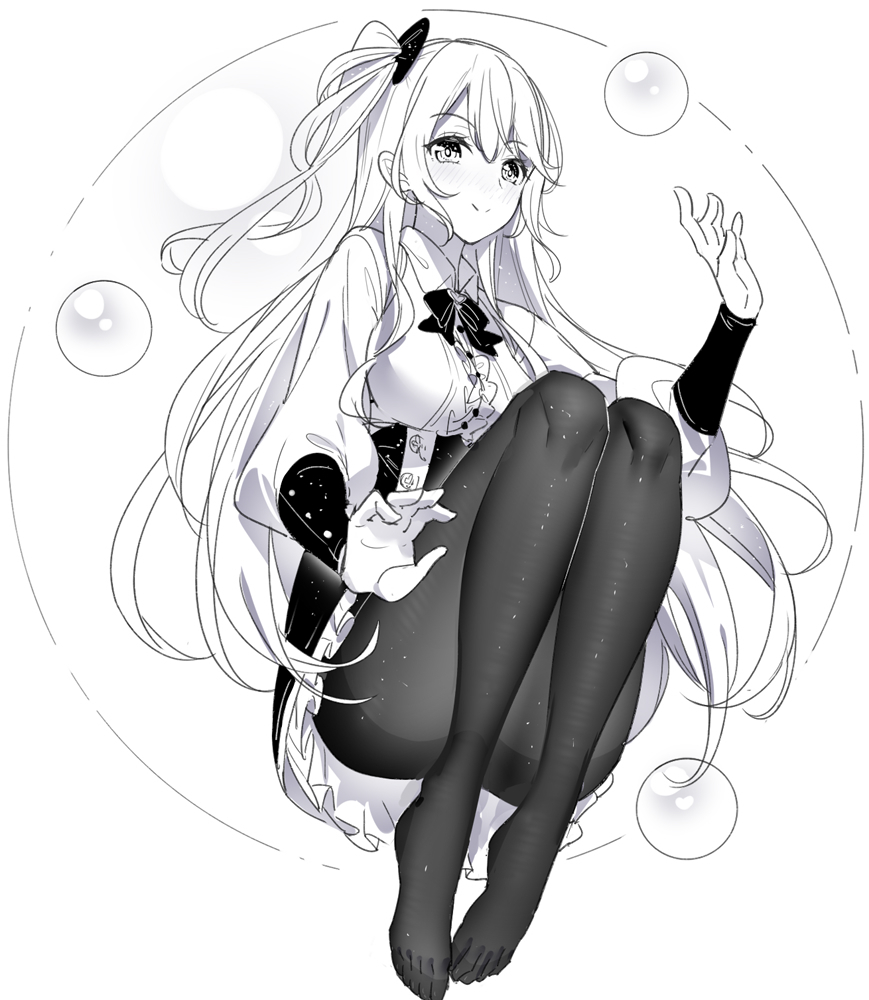 1girl bangs blush bow breasts center_frills collared_shirt emily_stock eyebrows_visible_through_hair frilled_skirt frills full_body greyscale hair_between_eyes hair_bow hand_up knees_up long_hair long_sleeves medium_breasts monochrome no_shoes nose_blush one_side_up original pantyhose puffy_long_sleeves puffy_sleeves ririko_(zhuoyandesailaer) shirt simple_background skirt smile solo thighband_pantyhose very_long_hair white_background