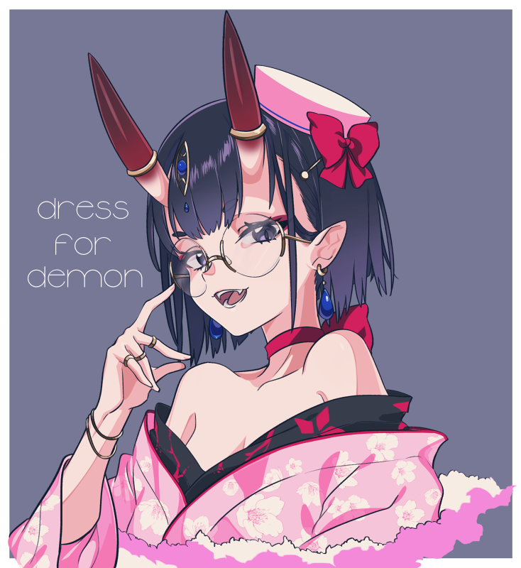 1girl angellyuna bangs bare_shoulders bracelet breasts choker collarbone dress_for_demons earrings eyeliner fate/grand_order fate_(series) floral_print glasses grey_background hair_ornament hairclip hat horn_ring japanese_clothes jewelry kimono long_sleeves looking_at_viewer makeup off_shoulder open_mouth pink_headwear pink_kimono ring shuten_douji_(fate/grand_order) simple_background slit_pupils small_breasts smile wide_sleeves