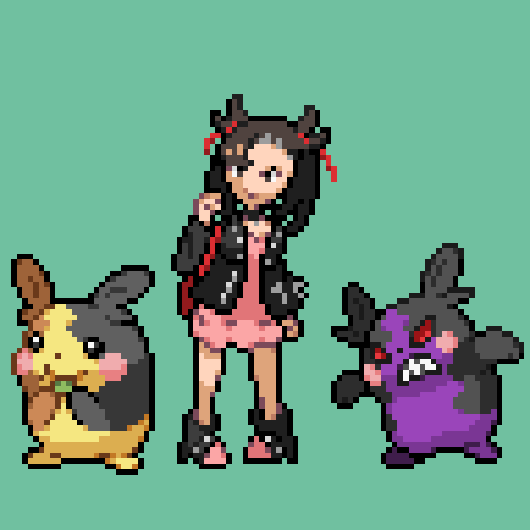 1girl bag black_eyes black_hair clenched_teeth commentary_request creature dress frown full_body gen_8_pokemon green_background handbag jon_(zyagapi) long_sleeves lowres mary_(pokemon) morpeko morpeko_(full) morpeko_(hangry) pink_dress pixel_art pokemon pokemon_(creature) shoes short_dress simple_background smile sprite standing teeth twintails