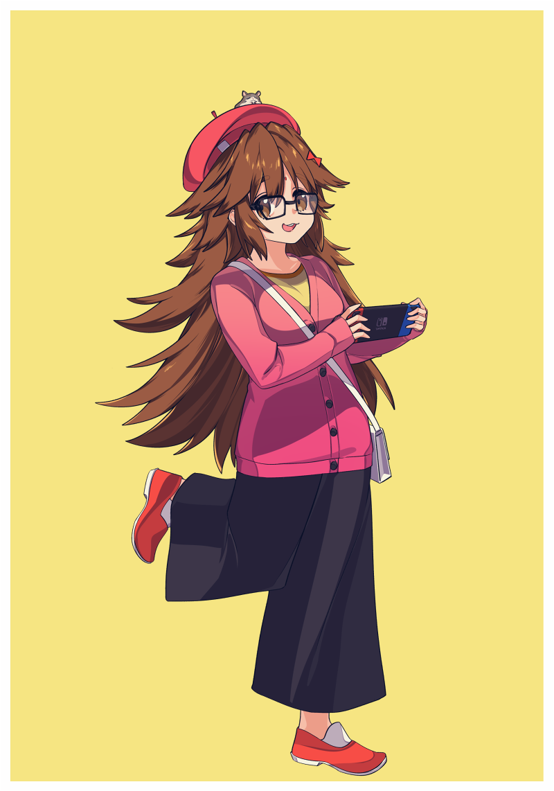 1girl angellyuna bag bangs beret black_pants bow breasts brown_eyes brown_hair fate/extra fate/extra_ccc fate_(series) glasses hair_bow hamster handheld_game_console hat holding_handheld_game_console jinako_carigiri large_breasts long_hair long_sleeves looking_at_viewer nintendo nintendo_switch open_mouth pants pink_sweater red_footwear red_headwear shoulder_bag simple_background smile sweater yellow_background