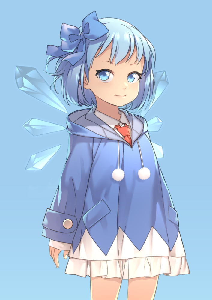 1girl alternate_costume aoi_tsunami blue_bow blue_eyes blue_hair blue_hoodie bow cirno closed_mouth cowboy_shot hair_bow ice ice_wings light_smile long_sleeves looking_at_viewer necktie pom_pom_(clothes) red_neckwear shirt short_hair simple_background solo touhou white_shirt wings