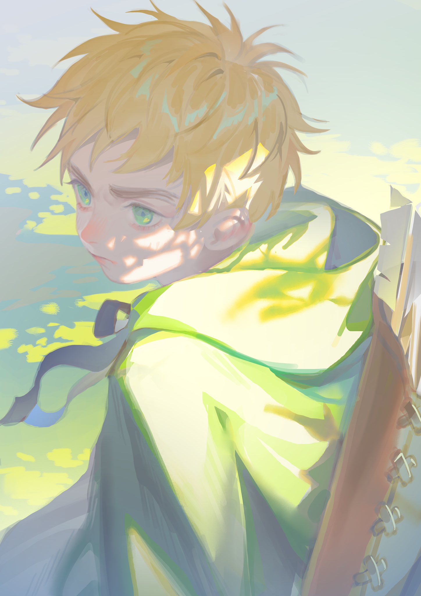 1boy aged_down arrow_(projectile) axis_powers_hetalia blonde_hair cape child dappled_sunlight day furrowed_brow green_cape green_eyes highres huacai looking_ahead looking_at_viewer male_child male_focus outdoors quiver short_hair solo sunlight thick_eyebrows united_kingdom_(hetalia)
