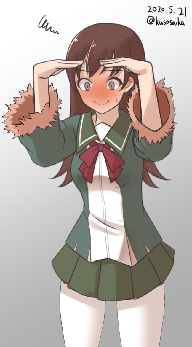 1girl blush brown_eyes brown_hair commentary_request cosplay cowboy_shot fur-trimmed_sleeves fur_trim green_jacket green_sailor_collar green_skirt jacket kantai_collection long_hair long_sleeves neck_ribbon nose_blush ooi_(kantai_collection) pantyhose pleated_skirt red_ribbon ribbon sailor_collar school_uniform serafuku shading_eyes shimushu_(kantai_collection) shimushu_(kantai_collection)_(cosplay) shimushu_pose short_hair skirt smile solo white_legwear yuki_to_hana