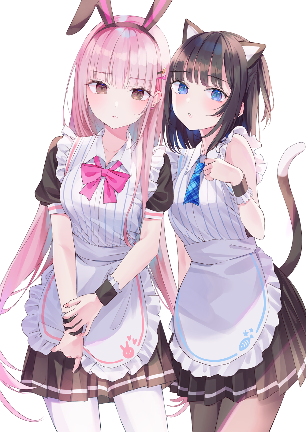 2girls animal_ears apron bare_shoulders black_dress black_hair black_legwear blue_eyes borrowed_character breasts brown_eyes cat_ears cat_girl cat_tail cowboy_shot dress fake_animal_ears frilled_apron frills hair_ornament hairband hairclip highres long_hair looking_at_viewer maid_apron medium_breasts medium_hair multiple_girls nabi_(uz02) one_side_up original pantyhose pink_hair pleated_dress rabbit_ears short_hair side-by-side simple_background sleeveless sleeveless_dress tail very_long_hair white_background white_legwear wrist_cuffs