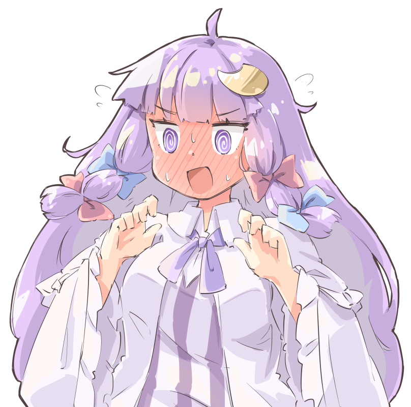1girl @_@ ahoge arnest bangs blue_bow blunt_bangs blush bow commentary crescent crescent_hair_ornament dress flying_sweatdrops frilled_sleeves frills full-face_blush hair_bow hair_ornament hands_up long_hair long_sleeves no_hat no_headwear open_mouth patchouli_knowledge purple_dress purple_hair red_bow simple_background solo striped striped_dress sweat touhou upper_body violet_eyes white_background wide_sleeves