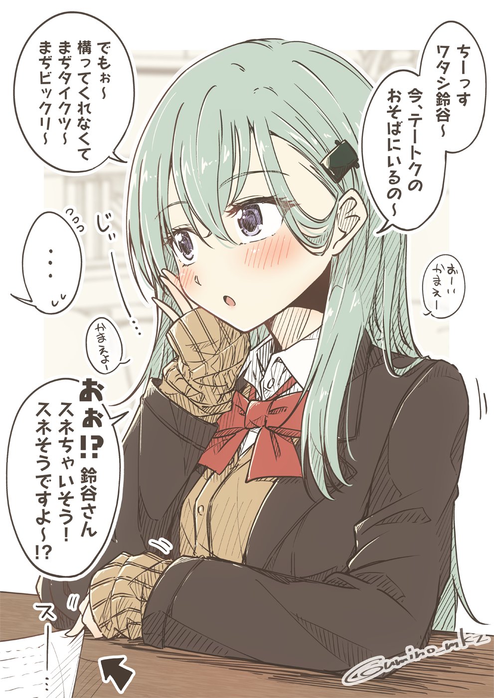 1girl :o aqua_hair bangs blazer blush brown_jacket elbow_rest eyebrows_visible_through_hair flying_sweatdrops hair_between_eyes hair_ornament hairclip highres jacket kantai_collection long_hair long_sleeves open_mouth red_neckwear school_uniform simple_background solo speech_bubble suzuya_(kantai_collection) translation_request twitter_username umino_mokuzu_(shizumisou) upper_body violet_eyes