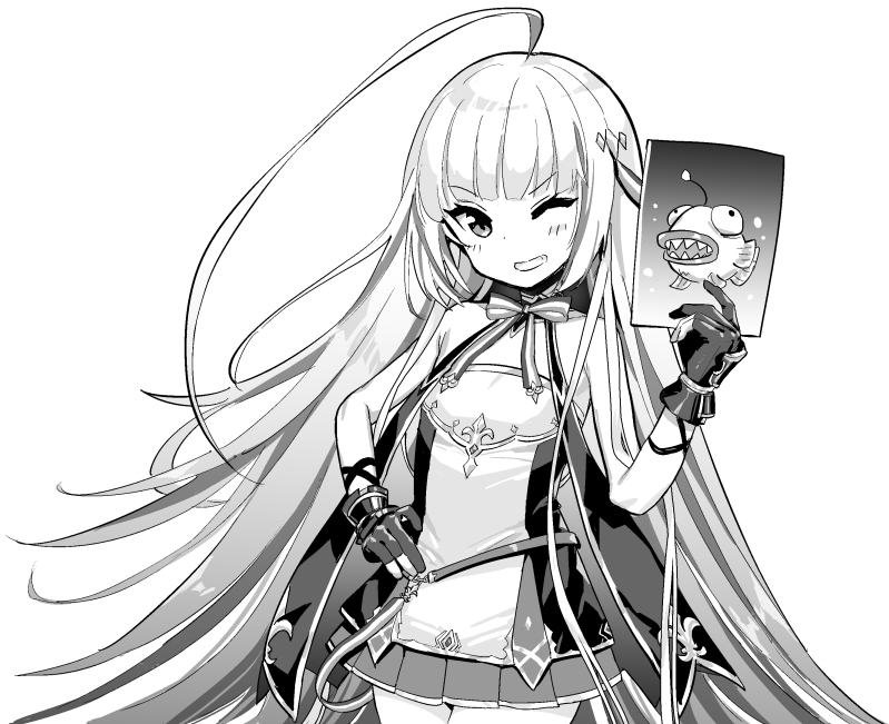 1girl ;d ahoge armpit_crease azur_lane bare_arms bare_shoulders breasts cowboy_shot dress gloves greyscale grin hand_on_hip hand_up holding hori_(hori_no_su) long_hair looking_at_viewer monochrome one_eye_closed open_mouth partly_fingerless_gloves pleated_dress sleeveless sleeveless_dress small_breasts smile solo strapless strapless_dress vauquelin_(azur_lane) very_long_hair