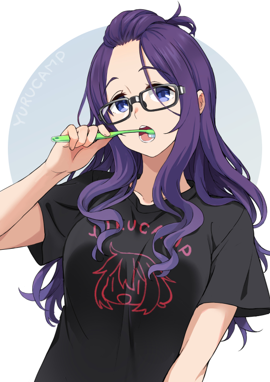 1girl bangs_pinned_back blue_eyes brushing_teeth commentary copyright_name eyebrows_visible_through_hair glasses kagamihara_nadeshiko kagamihara_sakura long_hair mirai_denki open_mouth purple_hair rectangular_eyewear shirt simple_background solo t-shirt upper_body yurucamp