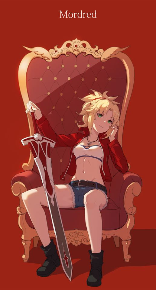 1girl bandeau belt blonde_hair boots chair character_name clarent denim denim_shorts fate/grand_order fate_(series) green_eyes groin jacket jewelry mordred_(fate) mordred_(fate)_(all) navel necklace ponytail red_background red_jacket shorts solo vococo
