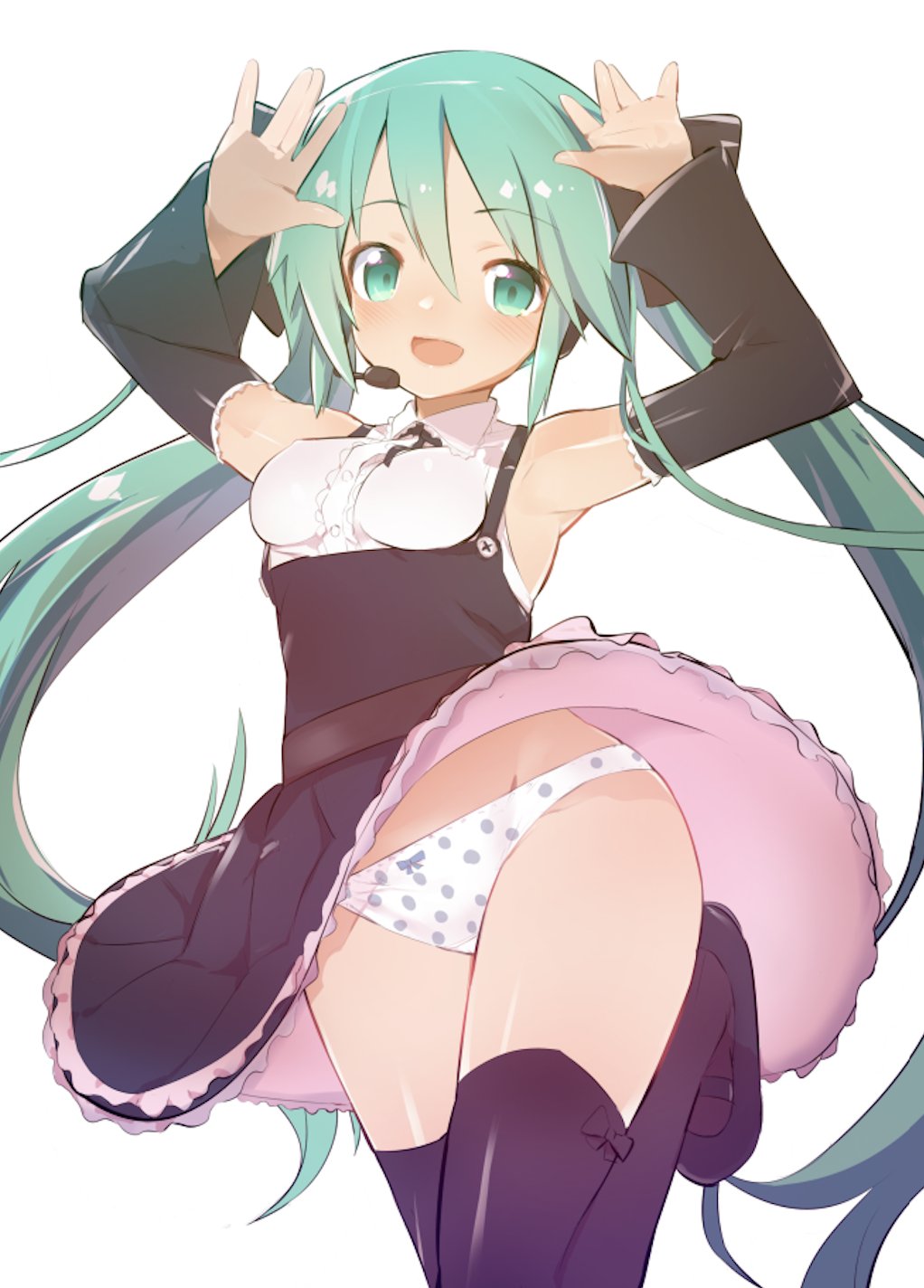 1girl aqua_eyes aqua_hair arms_up bangs black_footwear black_legwear black_sleeves bow bow_legwear bow_panties breasts caburi collared_dress commentary crotch_seam detached_sleeves dress eyebrows_visible_through_hair frilled_dress frills hatsune_miku headset highres leg_up long_hair looking_at_viewer mary_janes open_mouth panties pantyshot polka_dot polka_dot_panties shoes short_dress simple_background sleeveless sleeveless_dress small_breasts smile solo standing standing_on_one_leg thigh-highs twintails underwear very_long_hair vocaloid white_panties wing_collar