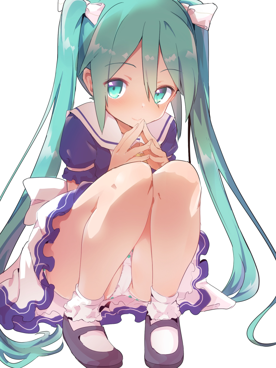 1girl aqua_eyes aqua_hair bangs black_shirt bobby_socks bow caburi closed_mouth commentary crotch_seam eyebrows_visible_through_hair fingers_together hair_bow hatsune_miku highres large_bow long_hair looking_at_viewer mary_janes miniskirt panties pantyshot polka_dot polka_dot_panties sailor_collar shirt shoes short_sleeves simple_background skirt smile socks solo squatting twintails underwear very_long_hair vocaloid white_background white_bow white_legwear white_panties white_skirt younger