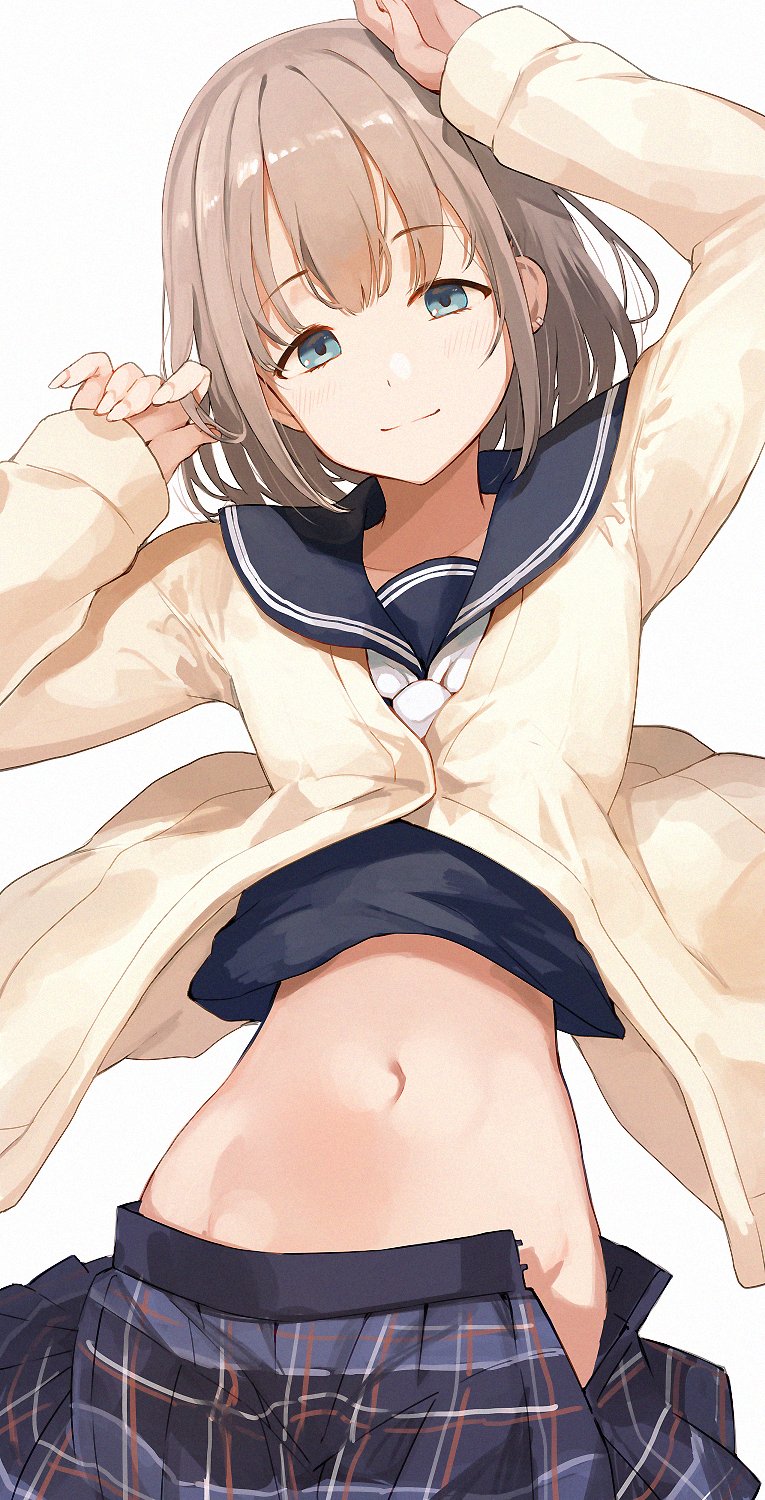 1girl blue_eyes bottomless cardigan closed_mouth eyebrows_visible_through_hair grey_hair hands_on_own_head highres hiroki_(yyqw7151) holding holding_hair idolmaster idolmaster_shiny_colors light_blush light_brown_hair navel sailor_collar serizawa_asahi shiny shiny_hair sleeves_past_wrists smile solo wardrobe_malfunction