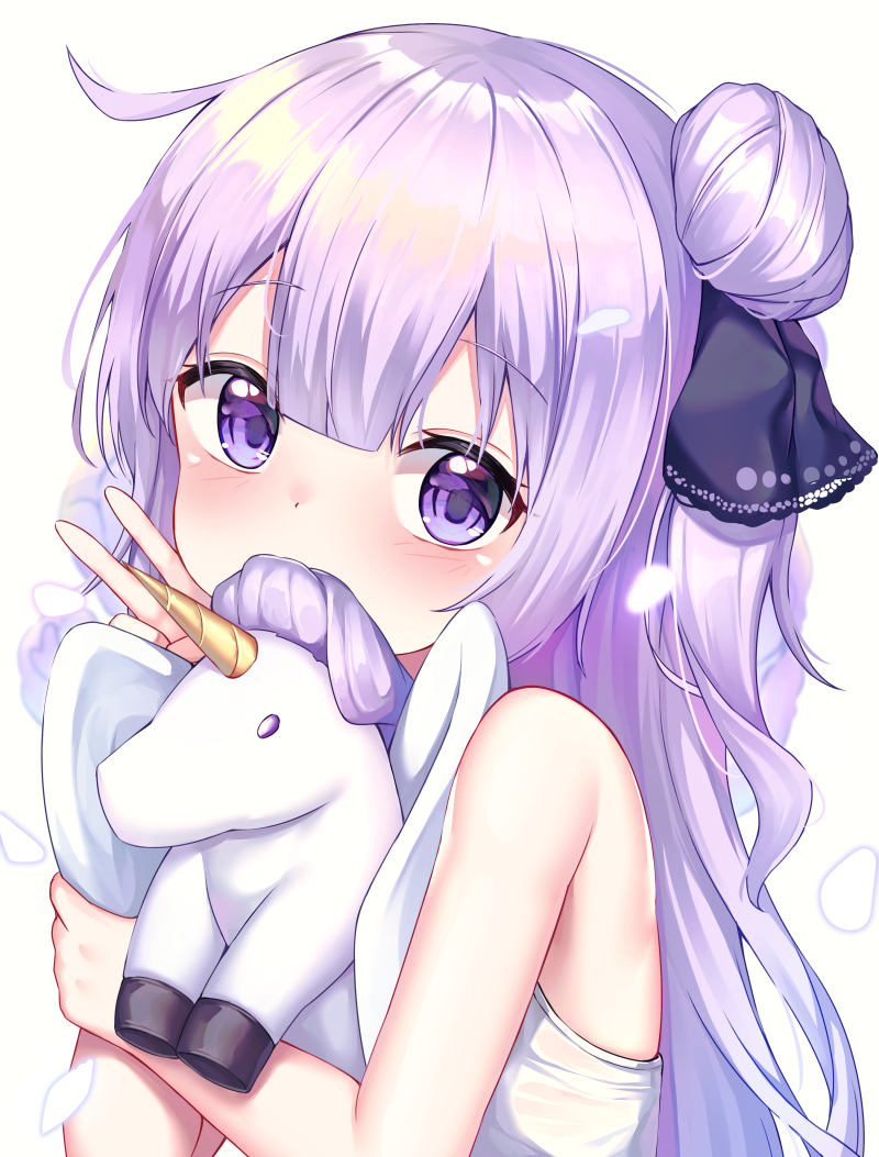 1girl azur_lane bare_shoulders blush eyebrows_visible_through_hair hair_between_eyes hair_bun hair_ornament hair_ribbon long_hair looking_at_viewer mannaku object_hug petals purple_hair ribbon shirt side_bun stuffed_animal stuffed_toy stuffed_unicorn unicorn unicorn_(azur_lane) v very_long_hair violet_eyes white_background white_shirt