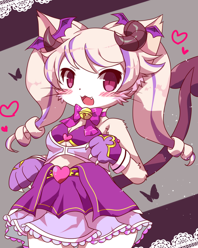 1girl :3 ageha_(cat_busters) animal_ears bangs blush bug butterfly cat cat_busters cat_ears cat_girl claws commentary_request cowboy_shot demon_horns demon_tail fang furry heart horns insect long_hair looking_at_viewer open_mouth rao_(artist) simple_background slit_pupils solo tail twintails violet_eyes whiskers white_fur
