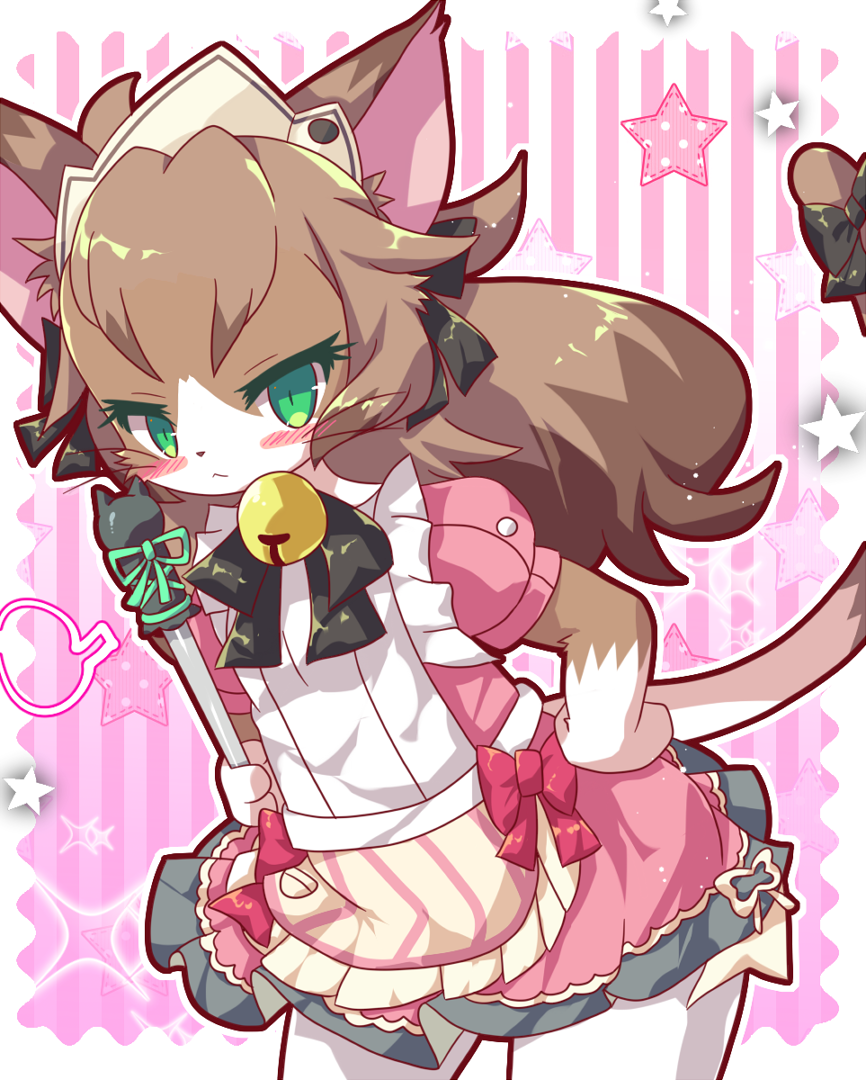 1girl :&lt; animal_ears bell black_bow blush bow broom brown_fur brown_hair cat cat_busters cat_ears cat_girl cat_tail charlotte_(cat_busters) commentary_request contrapposto cowboy_shot furry green_eyes hair_bow hand_on_hip holding holding_broom leaning_forward long_hair looking_at_viewer maid_headdress pink_background rao_(artist) simple_background slit_pupils solo standing star striped striped_background tail tail_bow two-tone_fur whiskers white_fur