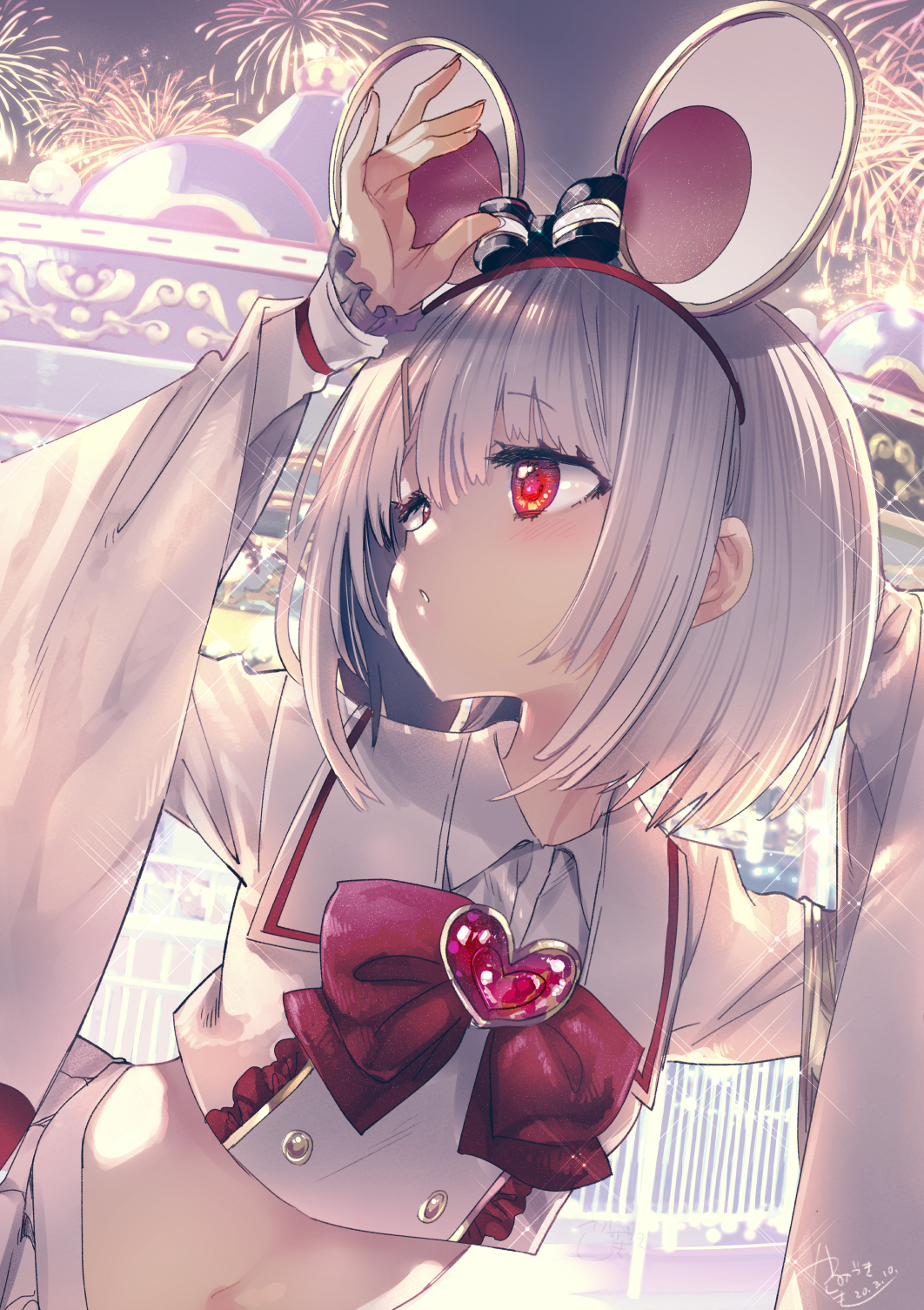 1girl :o animal_ears arms_up bangs black_bow blush bob_cut bow bowtie brooch crop_top eyebrows_visible_through_hair fake_animal_ears fireworks frilled_sleeves frills gem granblue_fantasy hair_bow hairband heart highres jewelry kamizuki_shiki long_sleeves looking_away looking_to_the_side mouse_ears navel night outdoors parted_lips red_bow red_eyes red_hairband red_neckwear ruby_(gemstone) short_hair signature silver_hair solo upper_body vikala_(granblue_fantasy)