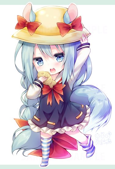1girl animal_ears arm_up azur_lane blue_dress blue_eyes blue_hair braid chibi commentary_request dress eating food full_body hand_on_headwear hand_to_own_mouth hat kabocha_usagi long_hair loose_thighhigh low-tied_long_hair mikazuki_(azur_lane) open_mouth ponytail ribbon school_hat short_dress solo squirrel_ears squirrel_tail striped striped_legwear tail taiyaki thigh-highs very_long_hair wagashi yellow_headwear