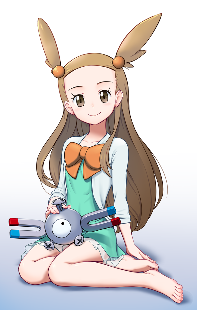 1girl aqua_dress barefoot blue_jacket blush bow bowtie brown_eyes brown_hair closed_mouth collarbone dress forehead full_body gen_1_pokemon gradient gradient_background jacket long_hair long_sleeves looking_at_viewer magnemite mikan_(pokemon) on_lap open_clothes open_jacket orange_bow pokemon pokemon_(creature) pokemon_(game) pokemon_gsc saitou_teikoku see-through sitting smile two_side_up very_long_hair white_background yokozuwari