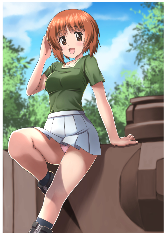 1girl arm_support bangs black_footwear black_legwear blue_sky blurry blurry_background boots brown_eyes brown_hair clouds cloudy_sky commentary_request day depth_of_field eyebrows_visible_through_hair foot_up girls_und_panzer green_shirt ground_vehicle hand_in_hair leaning_back looking_at_viewer military military_vehicle miniskirt motor_vehicle nishizumi_miho on_vehicle ooarai_military_uniform open_mouth outdoors outline panties pantyshot panzerkampfwagen_iv pink_panties pleated_skirt shirt short_hair short_sleeves skirt sky smile socks solo standing t_k tank underwear white_outline white_skirt zipper