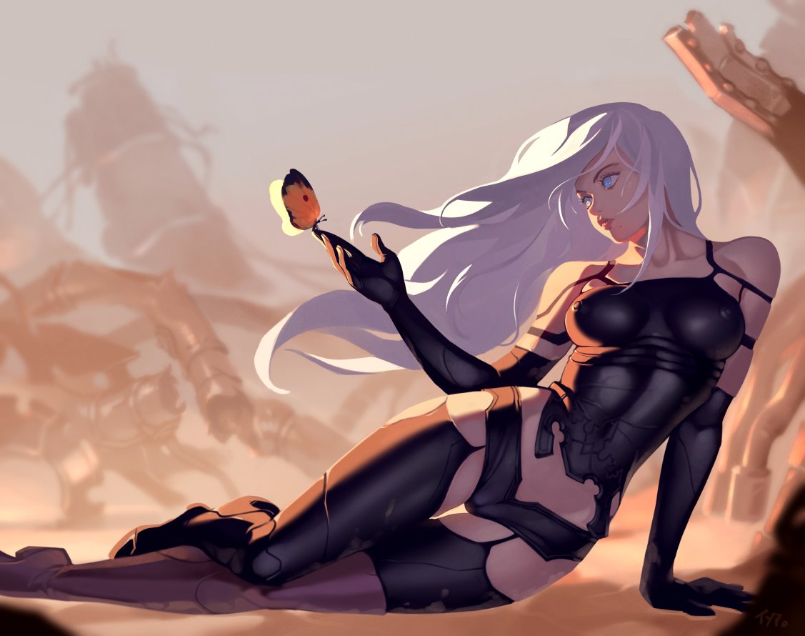 1girl armlet bare_shoulders black_gloves black_shorts black_tank_top blue_eyes boots bug butterfly butterfly_on_finger elbow_gloves english_commentary gloves high_heel_boots high_heels insect joints long_hair lying midriff mole mole_under_mouth nier_(series) nier_automata on_side optionaltypo outdoors pink_lips robot_joints ruins shorts silver_hair tank_top thigh-highs yorha_type_a_no._2