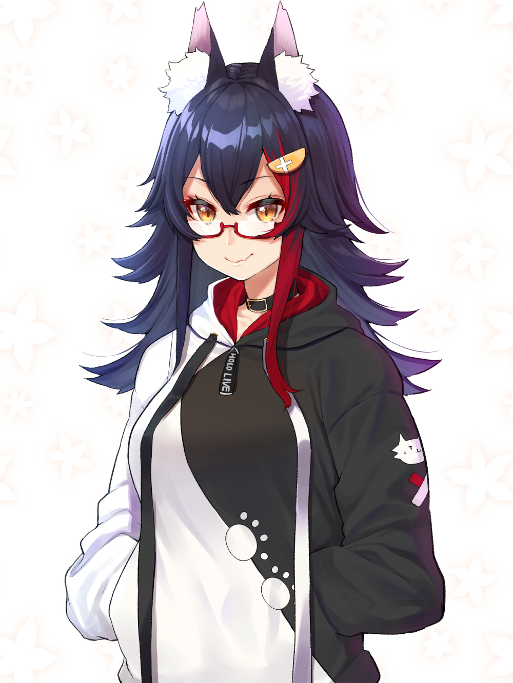 1girl animal_ear_fluff animal_ears black_choker black_hair black_hoodie breasts choker closed_mouth commentary copyright_name cowboy_shot eyebrows_visible_through_hair eyelashes fang glasses hair_between_eyes hair_ornament hands_in_pockets highres hololive long_hair looking_at_viewer medium_breasts mikan_(chipstar182) multicolored_hair ookami_mio orange_eyes paw_print_pattern red-framed_eyewear redhead semi-rimless_eyewear sidelocks simple_background smile solo star starry_background streaked_hair two-tone_hair two-tone_sweater virtual_youtuber white_background white_hoodie wolf_ears