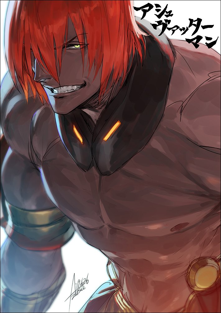 1boy abs armor artist_name ashwatthama_(fate/grand_order) azusa_(hws) bara chest dark_skin dark_skinned_male fate/grand_order fate_(series) glowing gradient gradient_hair hair_over_one_eye light looking_at_viewer male_focus medium_hair multicolored_hair muscle navel nipples one_eye_covered redhead shirtless signature simple_background sketch smirk solo teeth upper_body white_background yellow_eyes