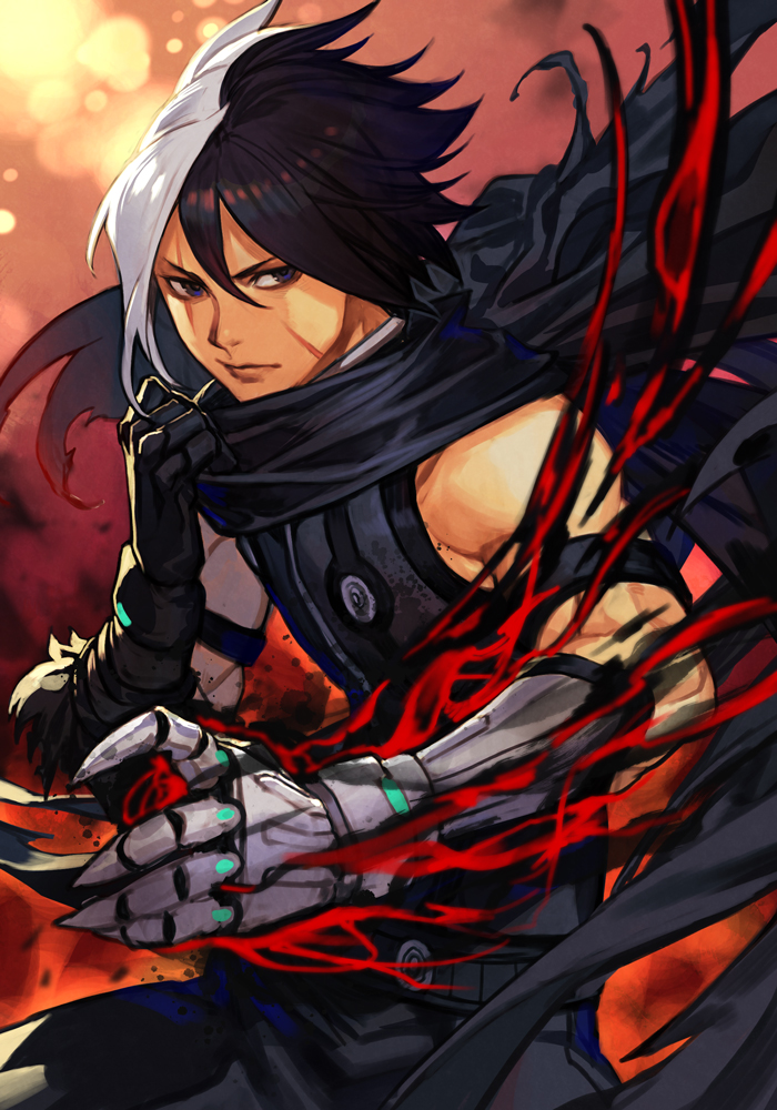 1boy bare_shoulders brown_eyes brown_hair cape closed_mouth expressionless gloves grey_cape hair_between_eyes hankuri magic male_focus multicolored_hair muscular nameless_(kof) purple_gloves red_fire silver_hair simple_background solo split-color_hair standing the_king_of_fighters the_king_of_fighters_2002 two-tone_hair white_background
