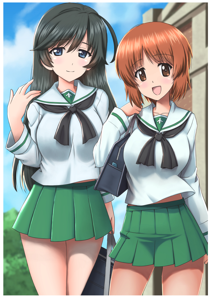 2girls :d ahoge bag bangs black_eyes black_hair black_neckwear blouse blue_sky blurry blurry_background brown_eyes brown_hair building carrying closed_mouth clouds cloudy_sky commentary_request day depth_of_field eyebrows_visible_through_hair girls_und_panzer green_skirt holding holding_bag isuzu_hana long_hair long_sleeves looking_at_viewer miniskirt multiple_girls neckerchief nishizumi_miho ooarai_school_uniform open_mouth outdoors outline pleated_skirt school_bag school_uniform serafuku short_hair skirt sky smile standing t_k white_blouse white_outline