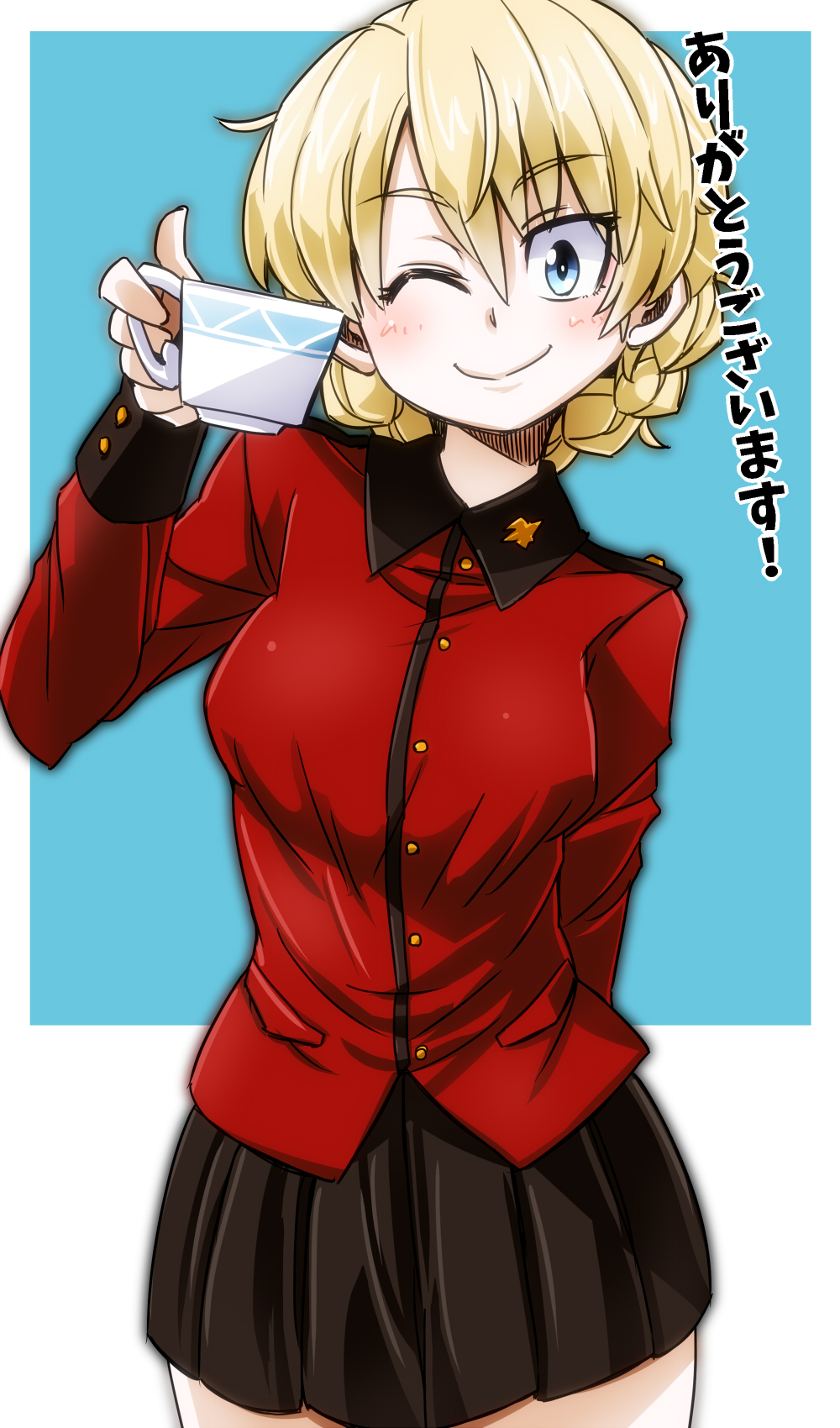 1girl ;) aono3 arm_behind_back bangs black_skirt blonde_hair blue_eyes braid closed_mouth commentary_request cowboy_shot cup darjeeling_(girls_und_panzer) epaulettes eyebrows_visible_through_hair girls_und_panzer highres holding holding_cup insignia jacket long_sleeves looking_at_viewer military military_uniform miniskirt one_eye_closed pleated_skirt red_jacket short_hair skirt smile solo st._gloriana's_military_uniform standing teacup tied_hair translated twin_braids uniform