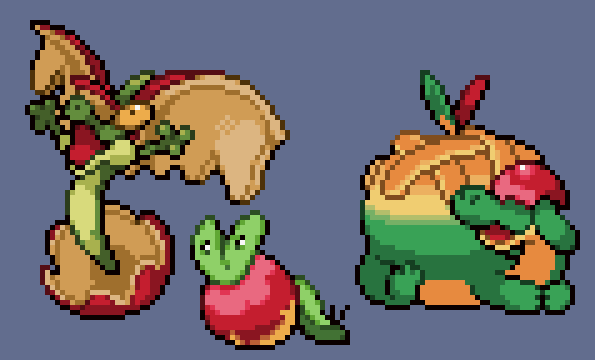 appletun applin commentary_request creature flapple full_body gen_8_pokemon green_eyes grey_background jon_(zyagapi) no_humans pixel_art pokemon pokemon_(creature) simple_background sprite yellow_eyes