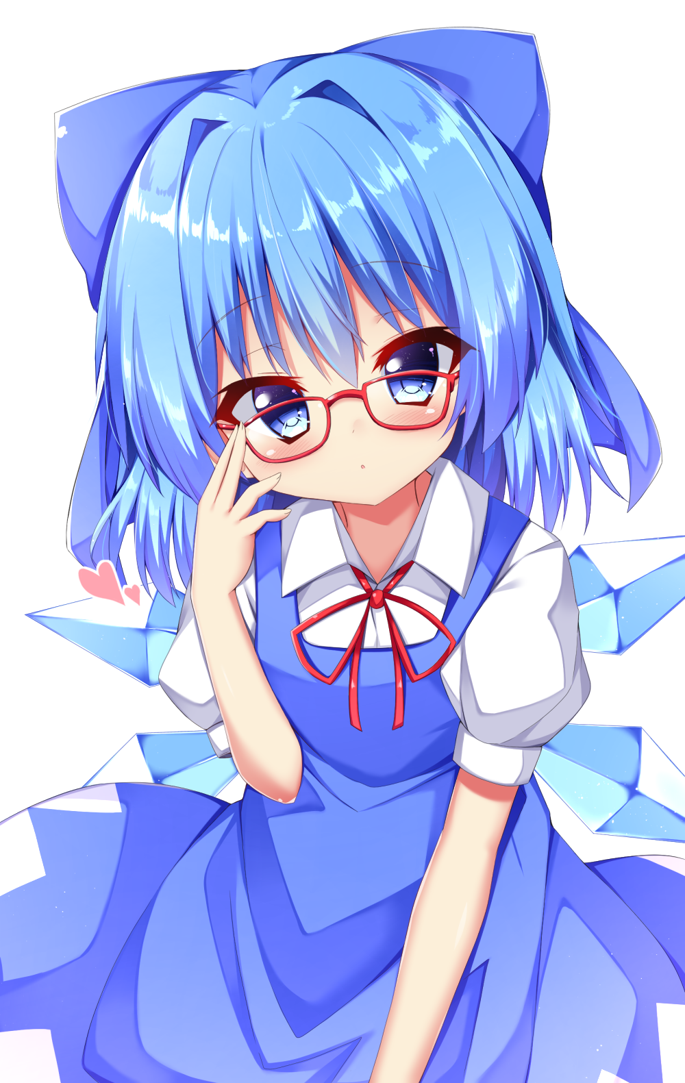 1girl arm_up bespectacled blue_dress blue_eyes blue_hair cirno cowboy_shot dress expressionless eyebrows_visible_through_hair glasses hair_between_eyes hair_ribbon hand_on_eyewear head_tilt heart highres kuraaken leaning_forward light_blush looking_at_viewer pinafore_dress puffy_short_sleeves puffy_sleeves red-framed_eyewear red_neckwear red_ribbon ribbon shirt short_sleeves simple_background solo standing touhou white_background white_shirt wings