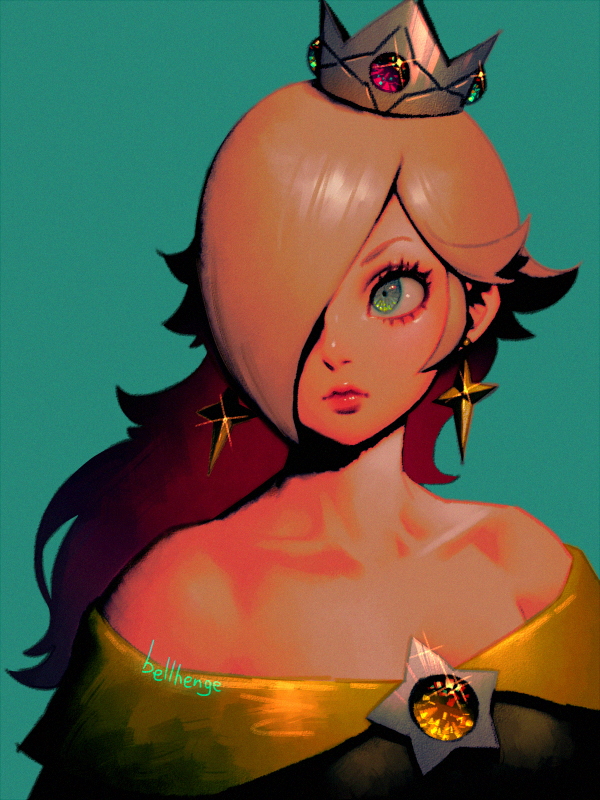 1girl bare_shoulders bellhenge blonde_hair closed_mouth collarbone crown earrings glint green_background green_eyes hair_over_one_eye jewelry long_hair super_mario_bros. pink_lips rosalina signature simple_background star super_mario_galaxy