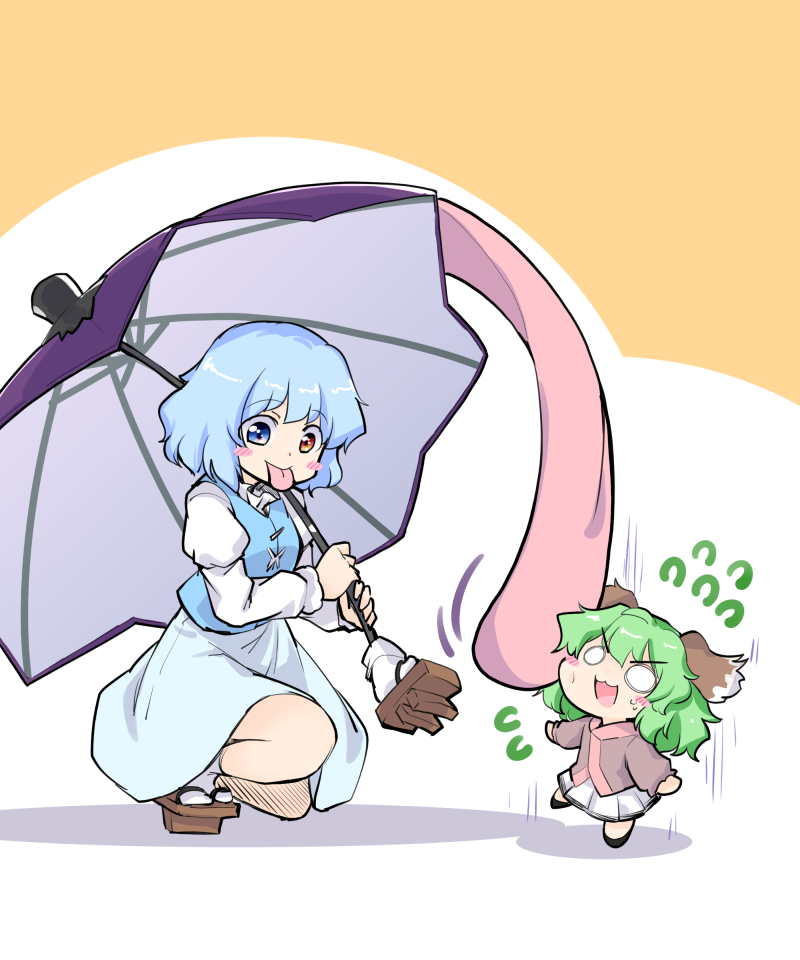 :p animal_ears berusuke_(beru_no_su) blue_hair blue_skirt blue_vest chibi dress geta green_hair heterochromia kasodani_kyouko light_blue_hair long_sleeves one_knee shirt skirt socks sweatdrop tatara_kogasa tongue tongue_out touhou umbrella vest white_shirt yellow_eyes