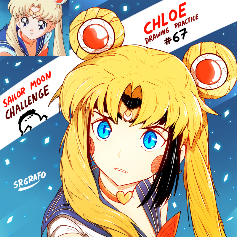 1girl bangs bishoujo_senshi_sailor_moon black_hair blonde_hair blue_eyes blue_sailor_collar blush_stickers chloe_(srgrafo) choker circlet cosplay crescent crescent_earrings derivative_work diadem earrings hair_over_shoulder heart heart_choker jewelry long_hair meme original parted_bangs red_choker sailor_collar sailor_moon sailor_moon_(cosplay) sailor_moon_redraw_challenge sailor_senshi sailor_senshi_uniform screencap_redraw solo srgrafo tsukino_usagi twintails upper_body wig