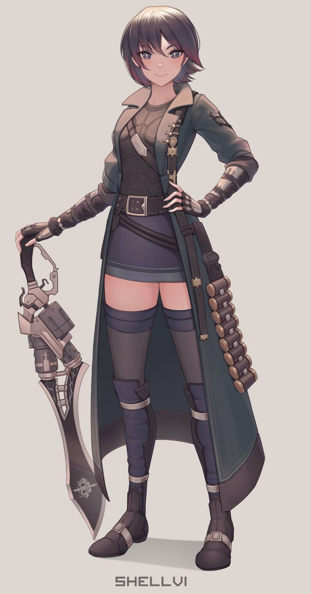 1girl arm_guards artist_name belt belt_buckle boots breasts buckle commission eyebrows_visible_through_hair eyes_visible_through_hair fingerless_gloves full_body gloves grey_background grey_eyes grey_hair gun gunblade hair_between_eyes hand_guard hand_on_hip highres knee_boots looking_at_viewer miniskirt original shellvi short_hair simple_background skirt sleeves_rolled_up small_breasts smile solo standing sword thigh-highs trench_coat watermark weapon zettai_ryouiki